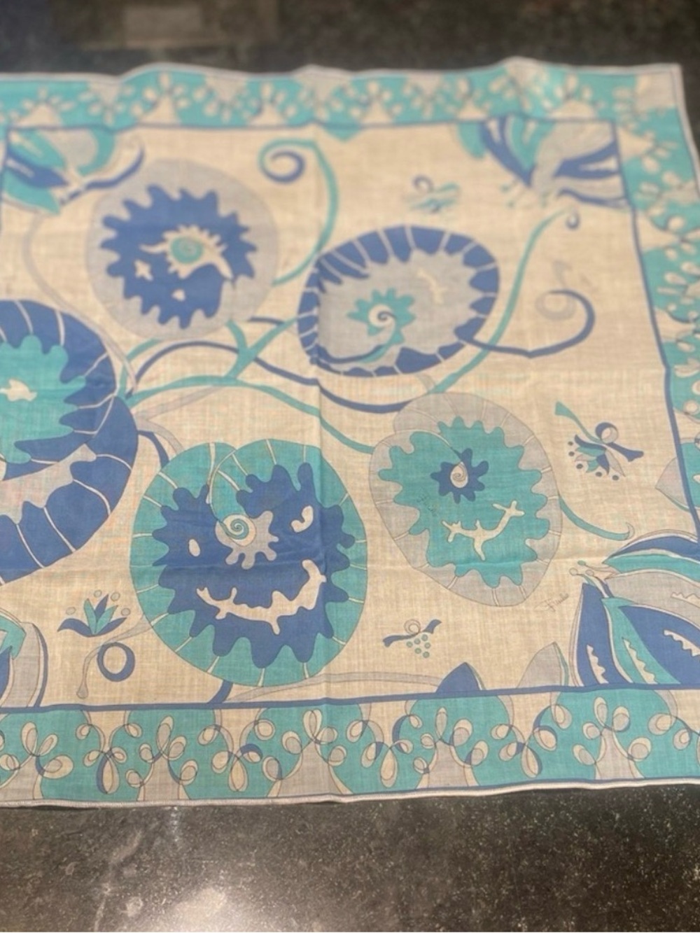 Emilio Pucci Blue Teal Floral Silk Scarf